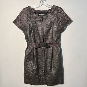 THREAD SOCIAL Party Cocktail Metallic Pleated SLV Bow Belt Sage Chevron Dress 4